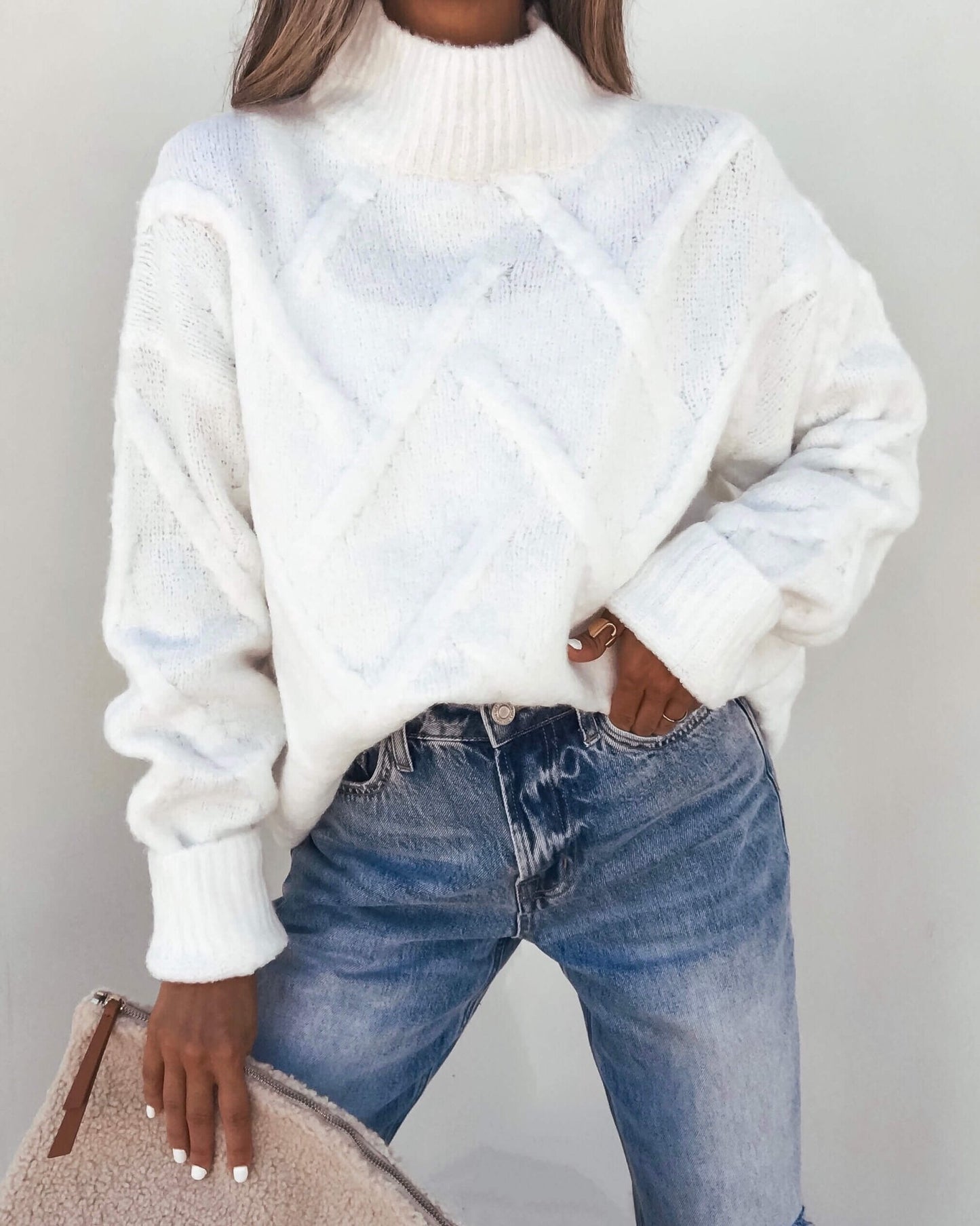 White Textured Mock Neck Sweater - Magnolia Boutique