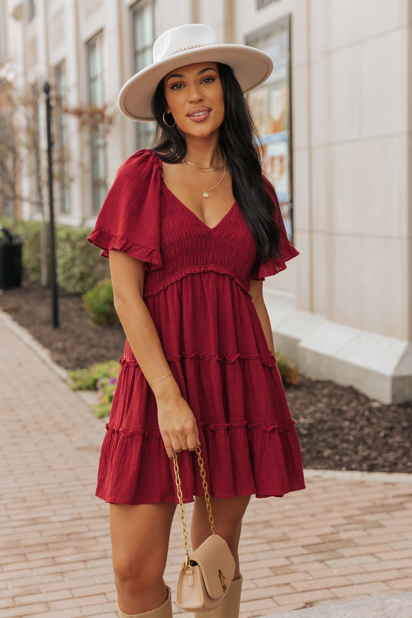 Wine Babydoll Smock Tiered Mini Dress - Magnolia Boutique