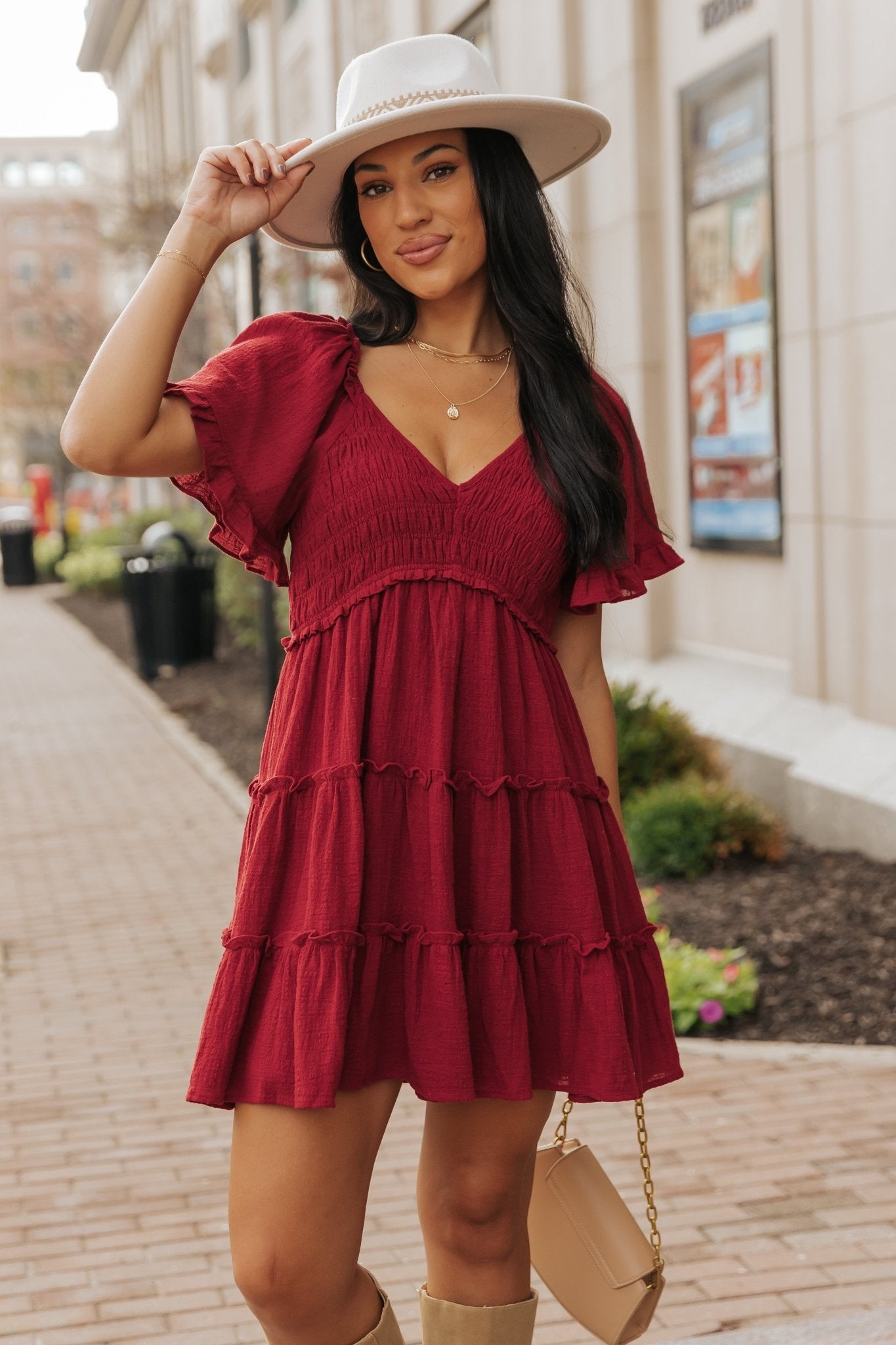 Wine Babydoll Smock Tiered Mini Dress - Magnolia Boutique