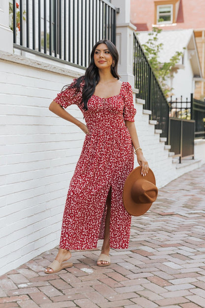 Wine Floral Print Smocked Mini Dress - Magnolia Boutique