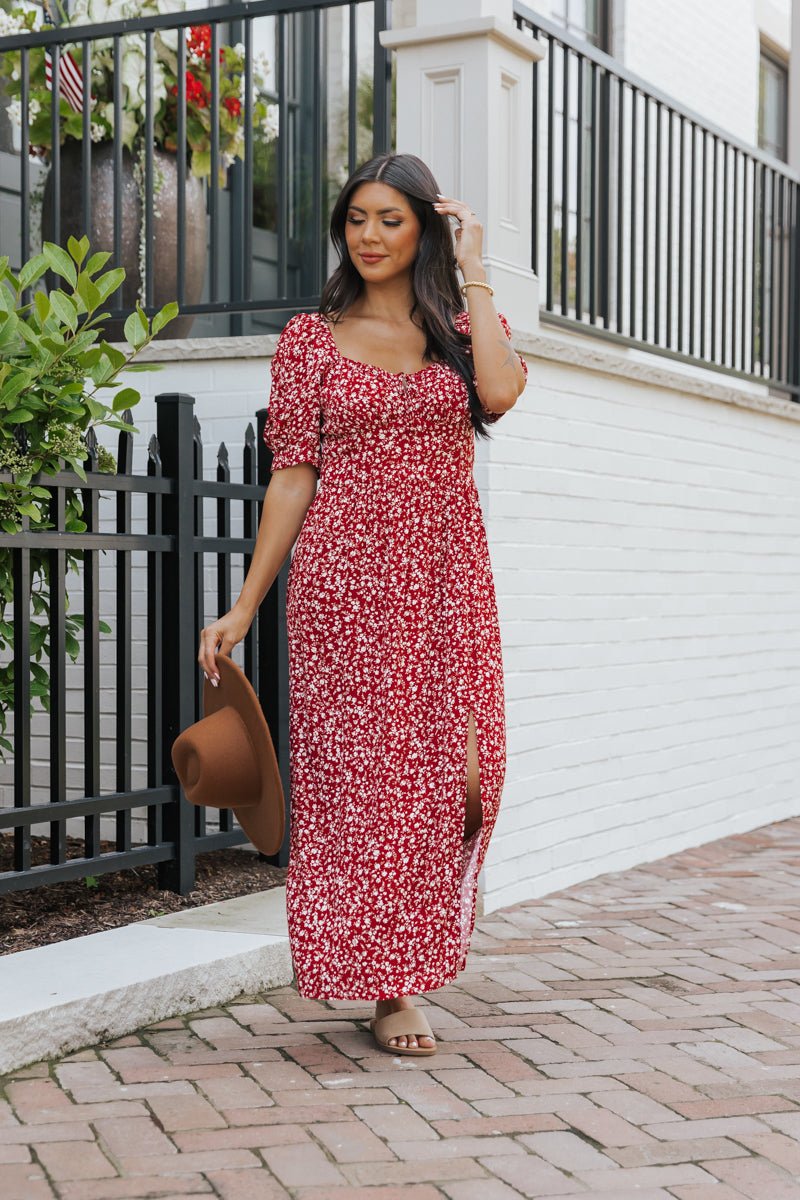 Wine Floral Print Smocked Mini Dress - Magnolia Boutique