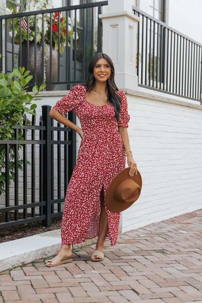 Wine Floral Print Smocked Mini Dress - Magnolia Boutique