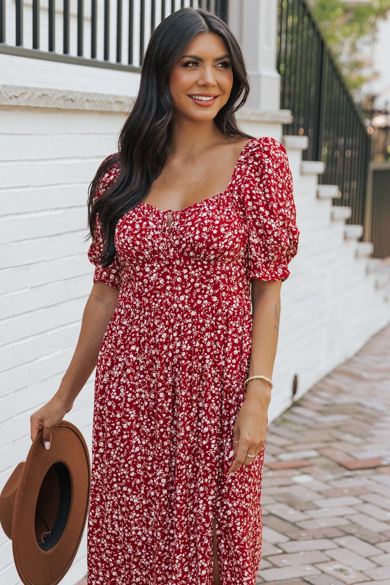 Wine Floral Print Smocked Mini Dress - Magnolia Boutique