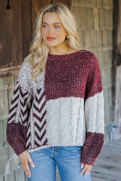 Wine Multi Color Block Cable Knit Sweater - Magnolia Boutique