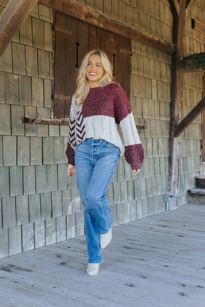 Wine Multi Color Block Cable Knit Sweater - Magnolia Boutique