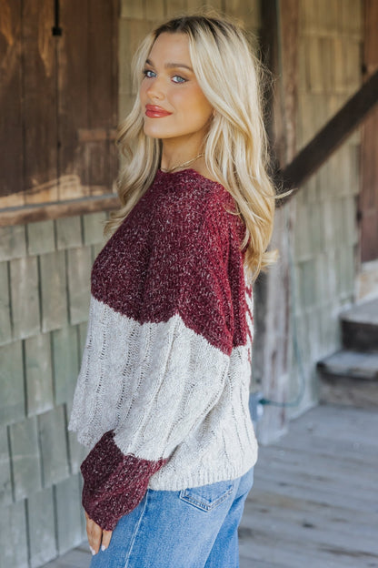 Wine Multi Color Block Cable Knit Sweater - Magnolia Boutique