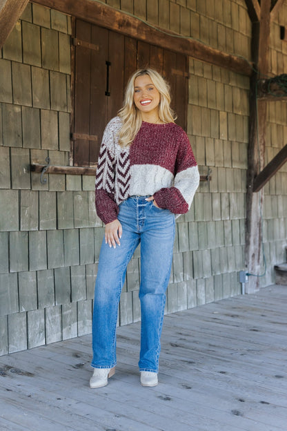 Wine Multi Color Block Cable Knit Sweater - Magnolia Boutique