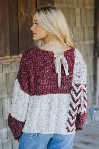 Wine Multi Color Block Cable Knit Sweater - Magnolia Boutique