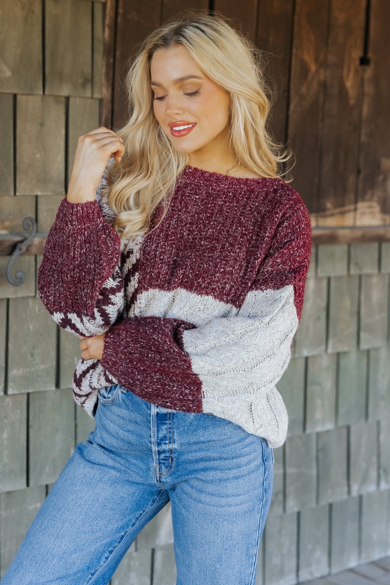 Wine Multi Color Block Cable Knit Sweater - Magnolia Boutique