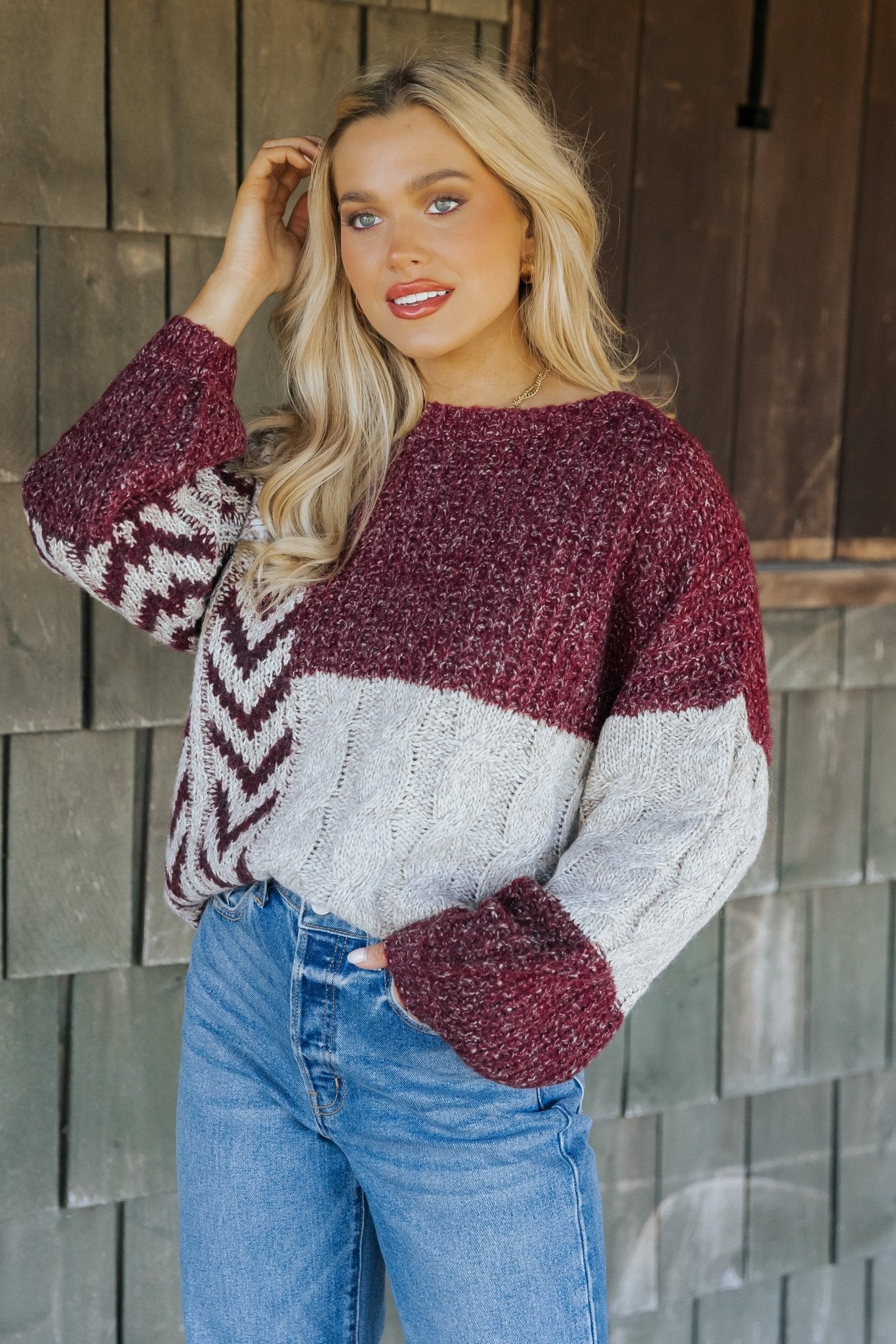 Wine Multi Color Block Cable Knit Sweater - Magnolia Boutique