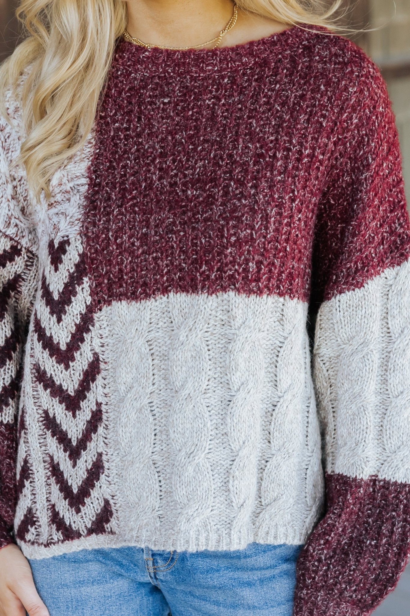 Wine Multi Color Block Cable Knit Sweater - Magnolia Boutique