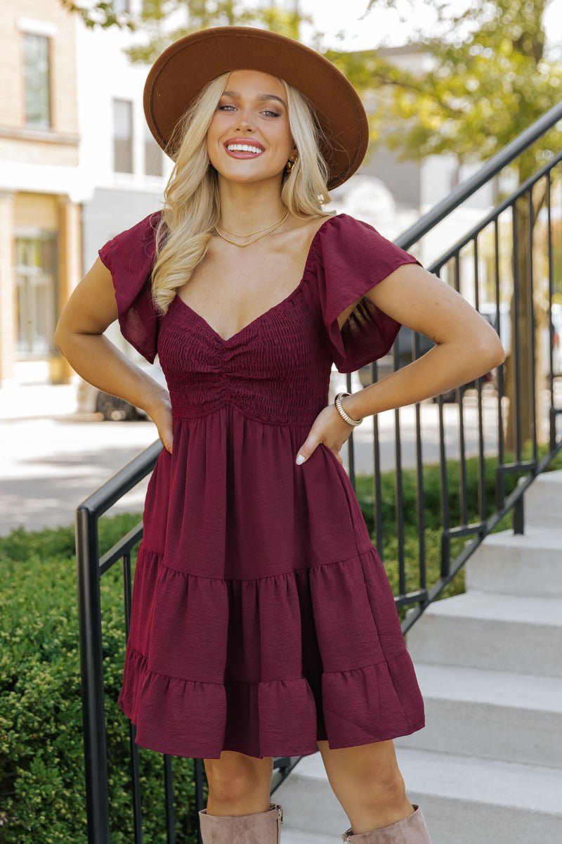 Wine Sweetheart Tiered Mini Dress - Magnolia Boutique