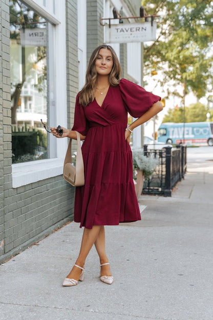 Wine Tiered Midi Wrap Dress - Magnolia Boutique