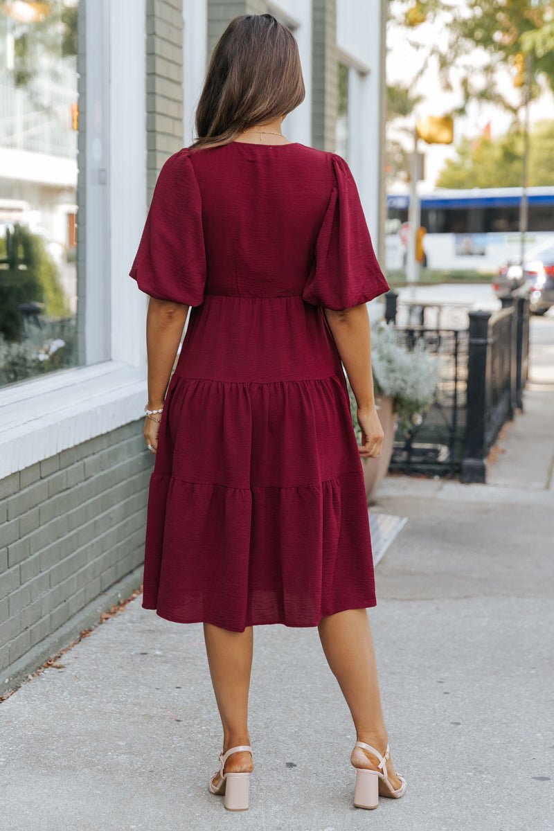 Wine Tiered Midi Wrap Dress - Magnolia Boutique