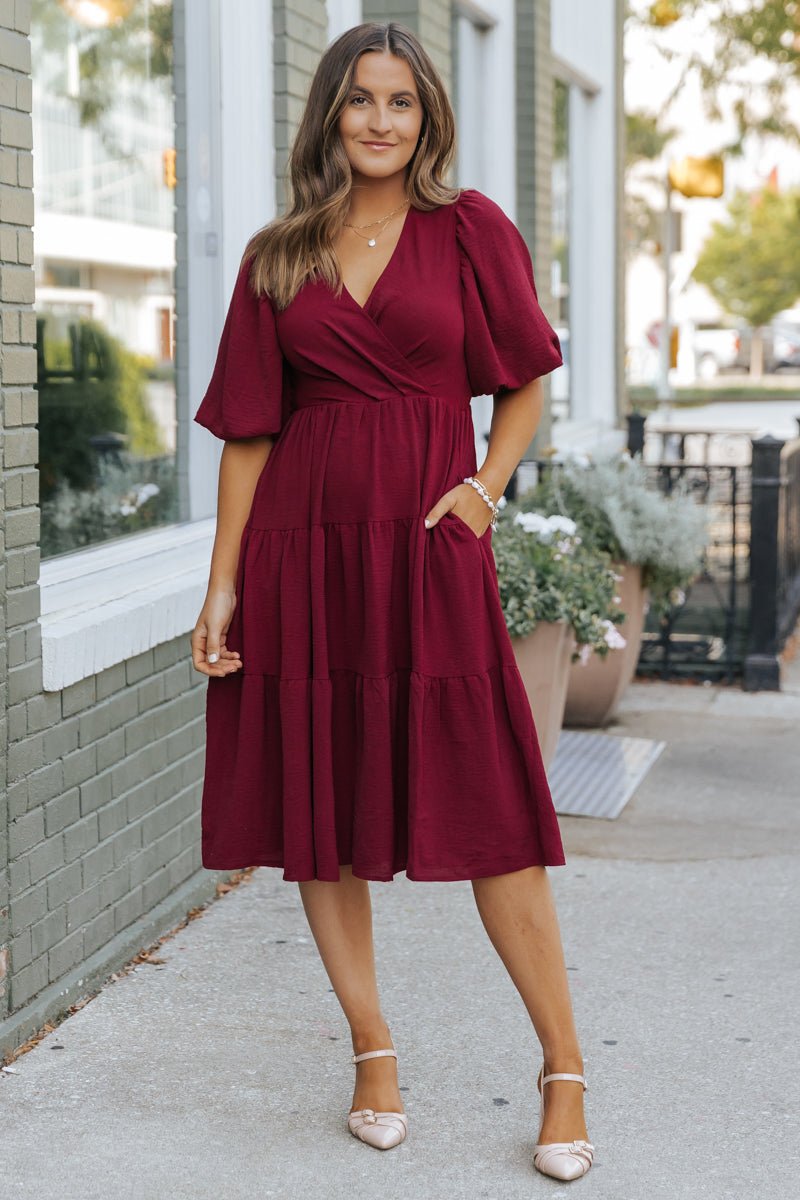 Wine Tiered Midi Wrap Dress - Magnolia Boutique