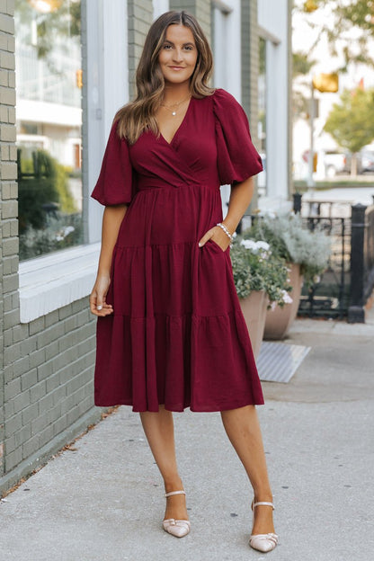 Wine Tiered Midi Wrap Dress - Magnolia Boutique