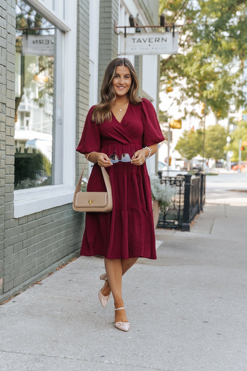 Wine Tiered Midi Wrap Dress - Magnolia Boutique