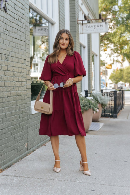 Wine Tiered Midi Wrap Dress - Magnolia Boutique