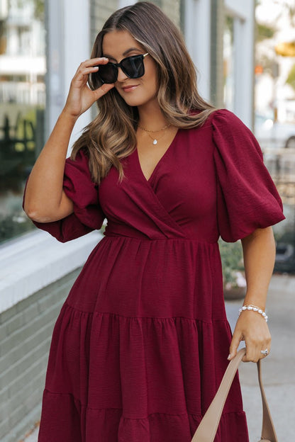 Wine Tiered Midi Wrap Dress - Magnolia Boutique