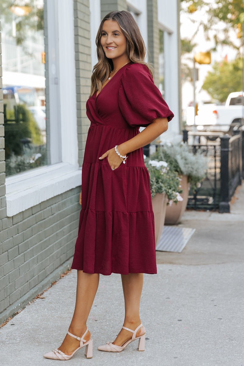 Wine Tiered Midi Wrap Dress - Magnolia Boutique