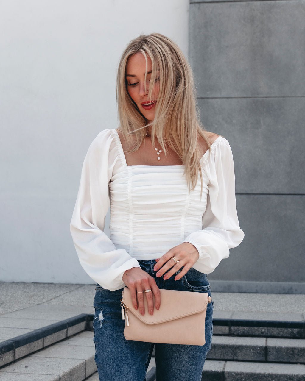 Zoe Pleated Detail Smock Top - White - Magnolia Boutique