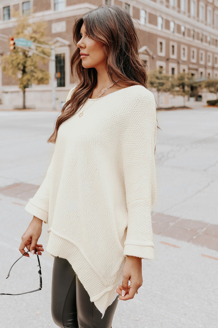 3/4 Sleeve Textured Natural Asymmetrical Sweater - Magnolia Boutique
