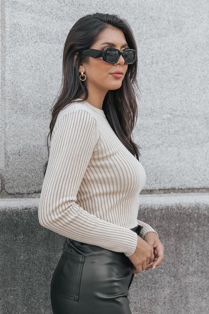 Beige Long Sleeve Ribbed Top - Magnolia Boutique