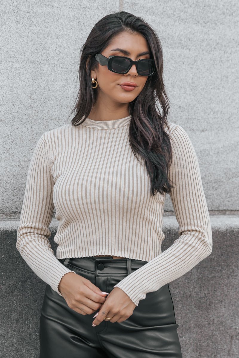 Beige Long Sleeve Ribbed Top - Magnolia Boutique