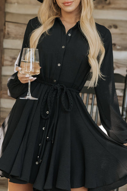 Black Beaded Belt Shirt Dress - Magnolia Boutique