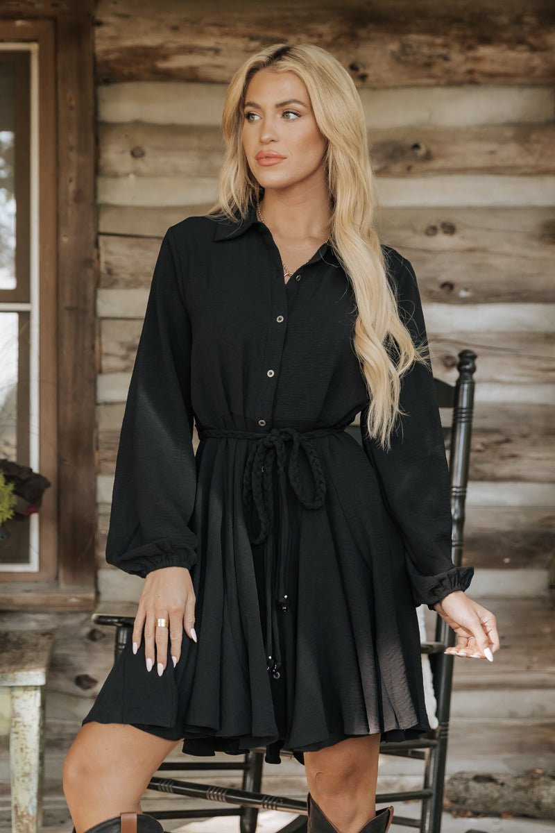 Black Beaded Belt Shirt Dress - Magnolia Boutique