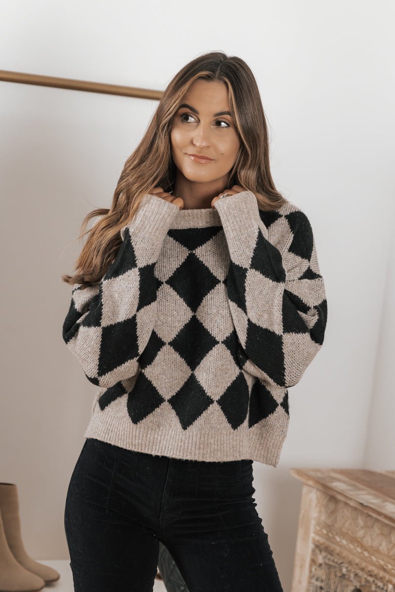Black Checkered Crew Neck Wool Sweater - Magnolia Boutique