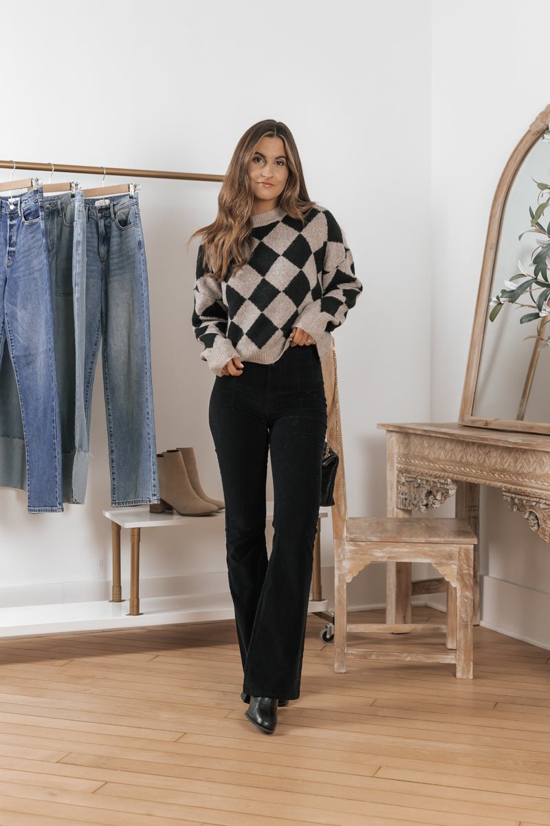 Black Checkered Crew Neck Wool Sweater - Magnolia Boutique