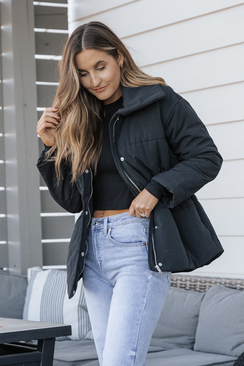 Black Cinched Waist Puffer Coat Magnolia Boutique