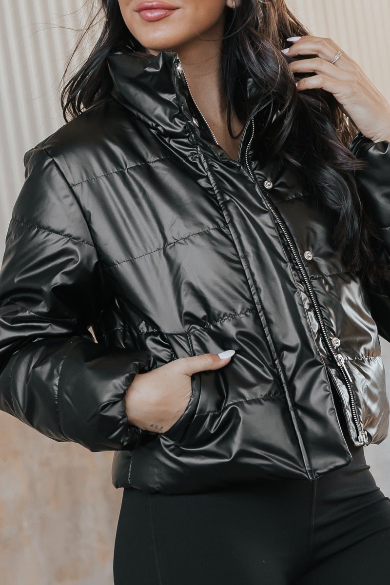 Cropped black shiny puffer hot sale jacket