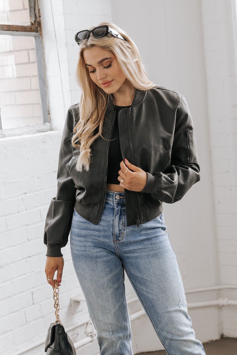 Black Leather Bomber Jacket with Black Leather Backpack Outfits
