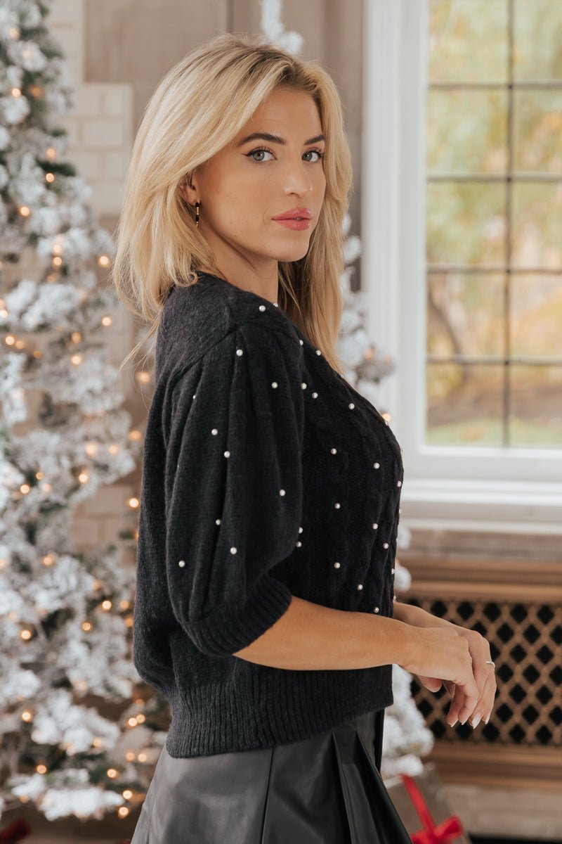 Black Pearl Beaded Cable Knit Sweater | Magnolia Boutique