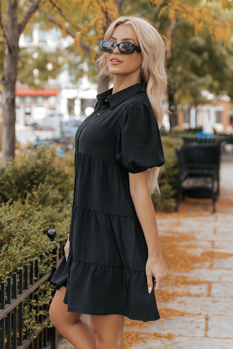 Black Puff Sleeve Tiered Shirt Dress - Magnolia Boutique