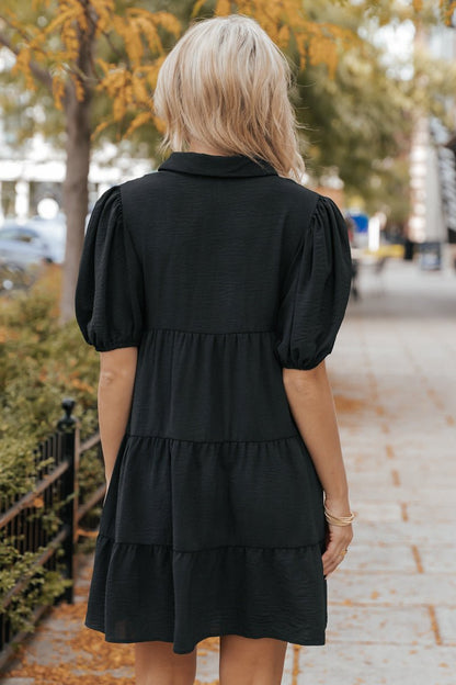 Black Puff Sleeve Tiered Shirt Dress - Magnolia Boutique