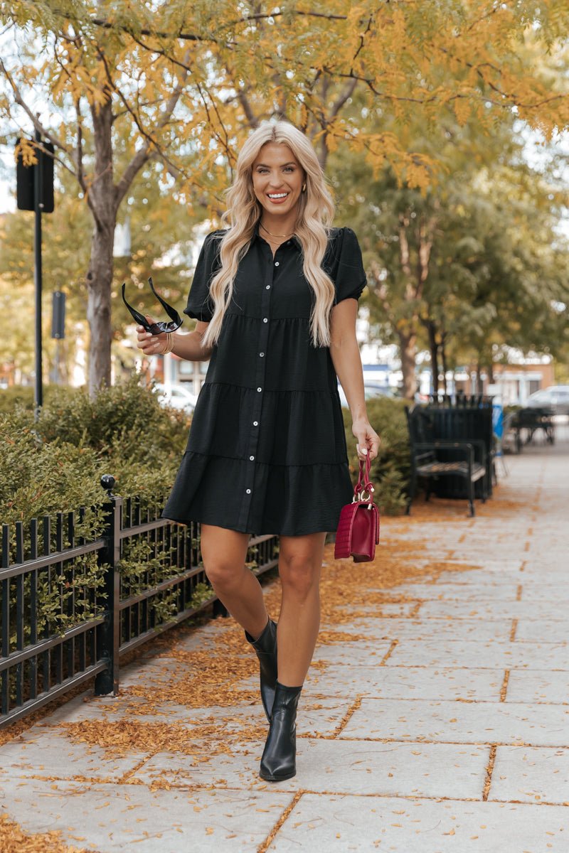 Black Puff Sleeve Tiered Shirt Dress | Magnolia Boutique