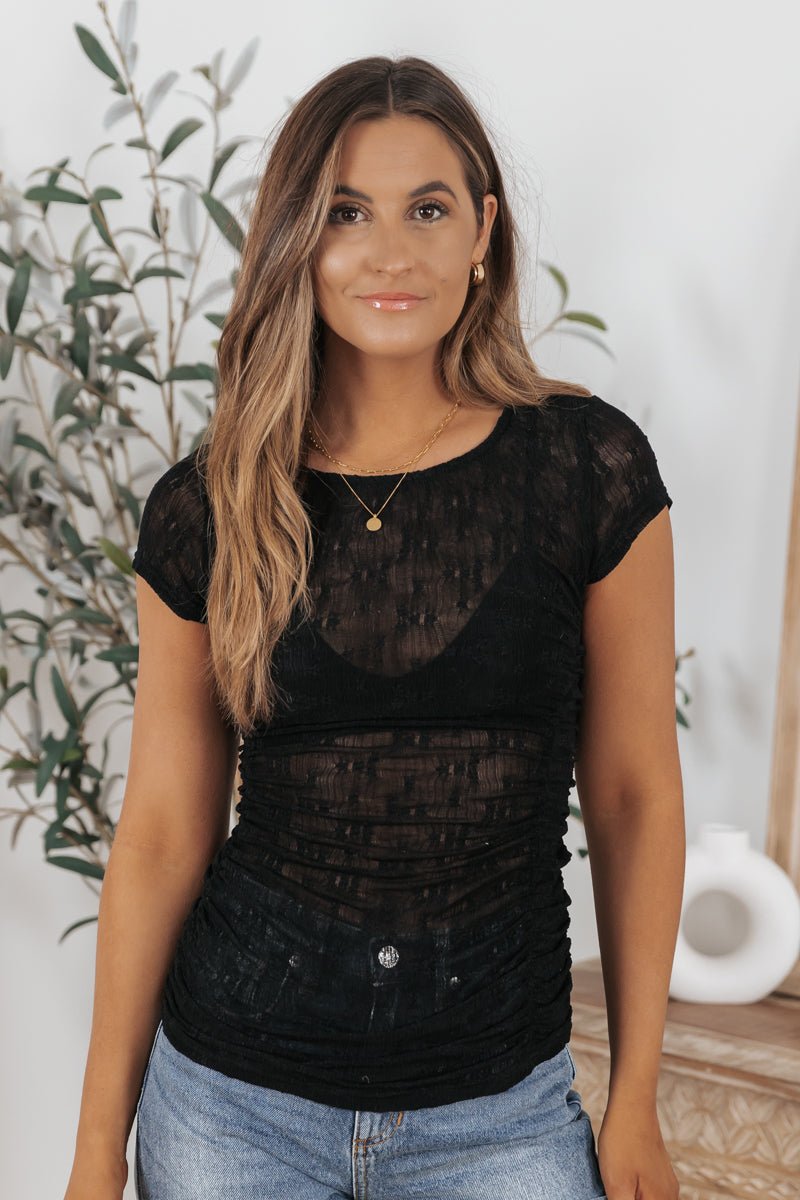 Black Short Sleeve Lace Ruched Top - Magnolia Boutique