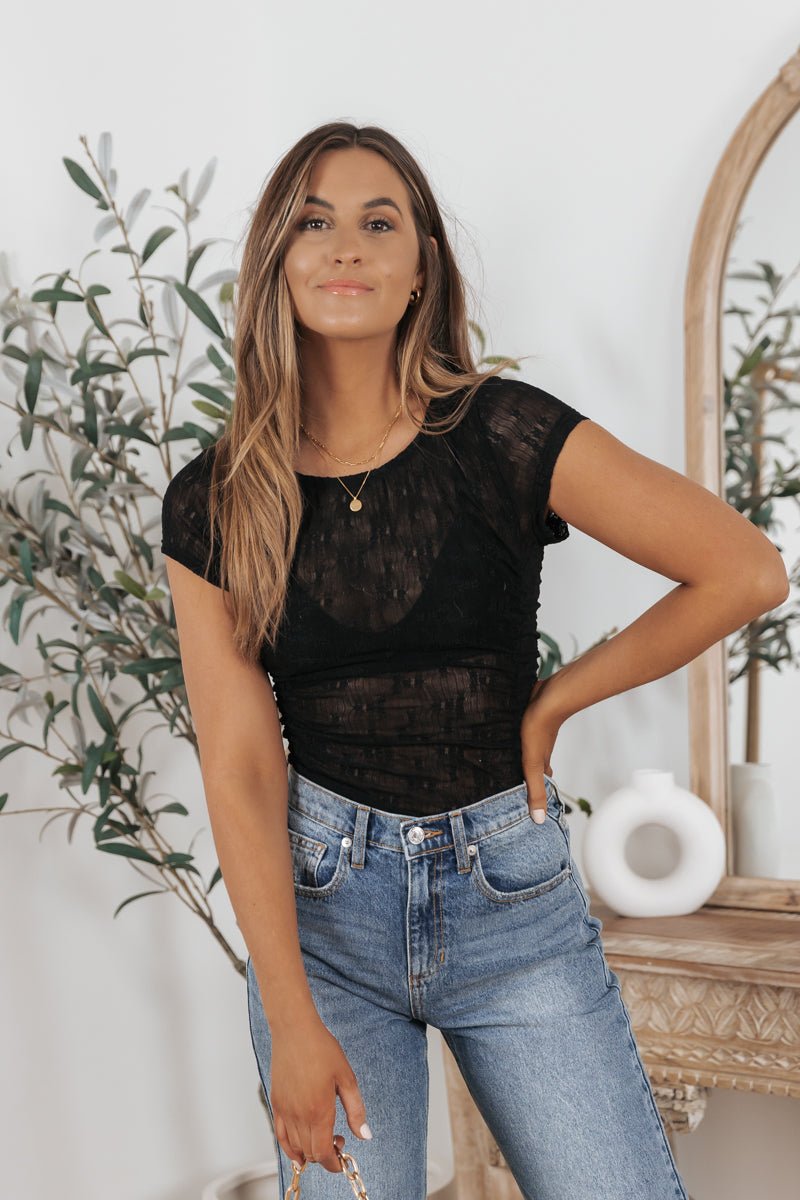 Black Short Sleeve Lace Ruched Top - Magnolia Boutique