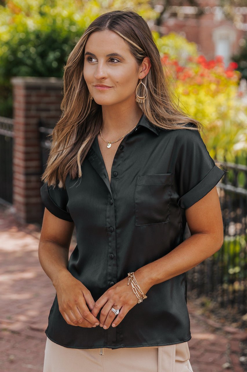 Olive Short Sleeve Satin Button Up Top