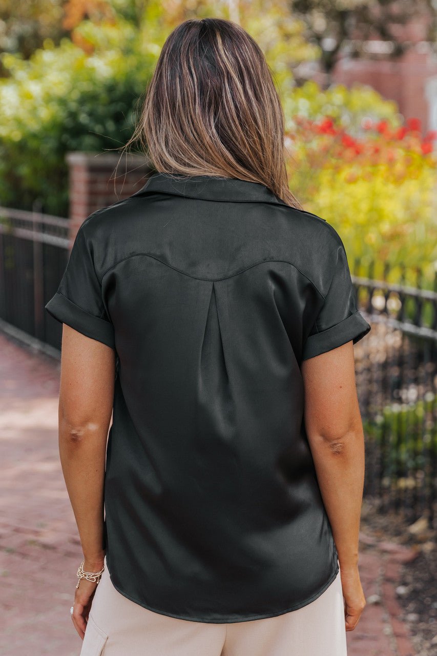 Black Short Sleeve Satin Button Up Top - Magnolia Boutique
