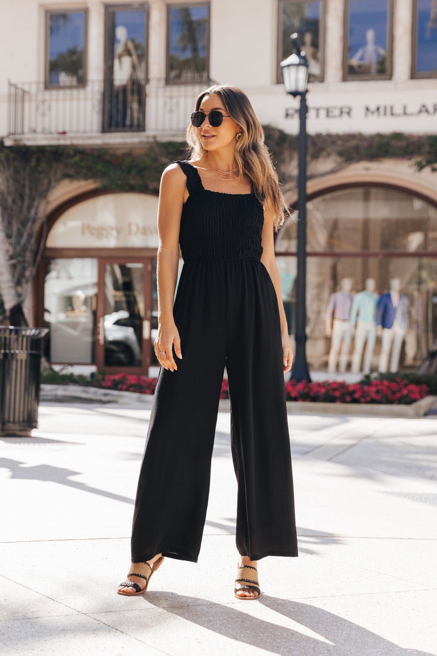 Black Square Neck Smocked Jumpsuit | Magnolia Boutique