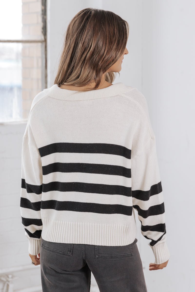 Black Stripe Collared V Neck Sweater - Magnolia Boutique