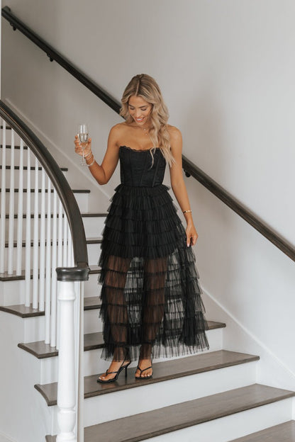 Black Tulle Lace Tiered Corset Maxi Dress | Pre Order - Magnolia Boutique
