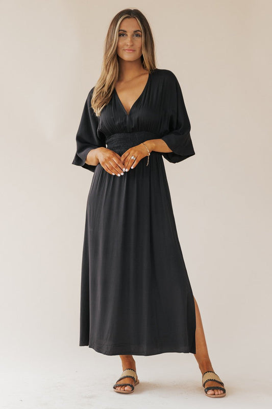 Black V Neck Smocked Maxi Dress - Magnolia Boutique