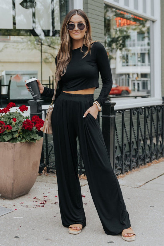 Blakely Black High Waisted Knit Wide Leg Pants - Magnolia Boutique