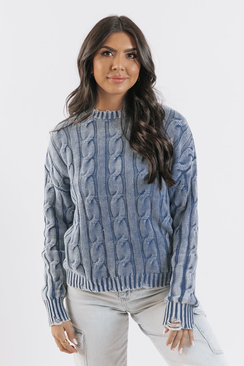 Blue Distressed Cable Knit Sweater – Magnolia Boutique