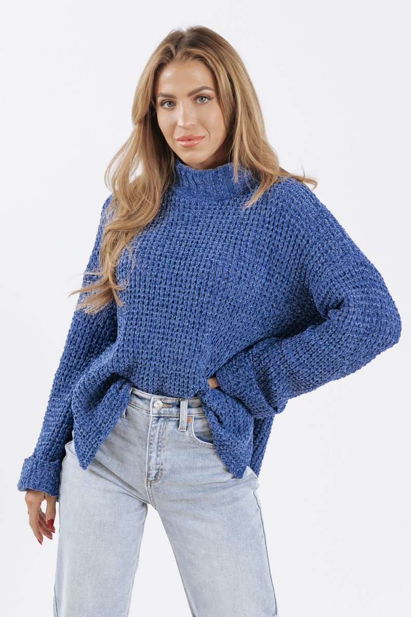 Blue Mock Neck Chenille Sweater – Magnolia Boutique